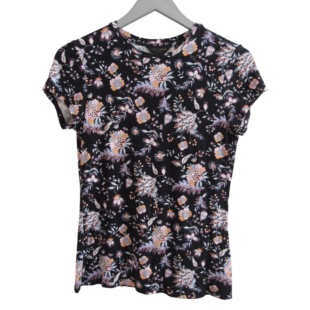 Ted Baker London‎ Womens Floral Print Tee Shirt Black Size 1 Small